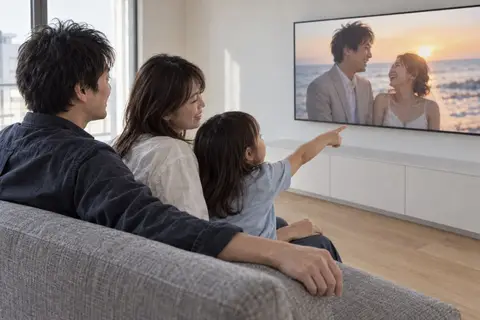 テレビで結婚式の動画を見る家族
