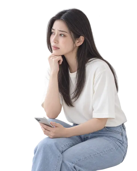 あごに手を当てて考え込む女性