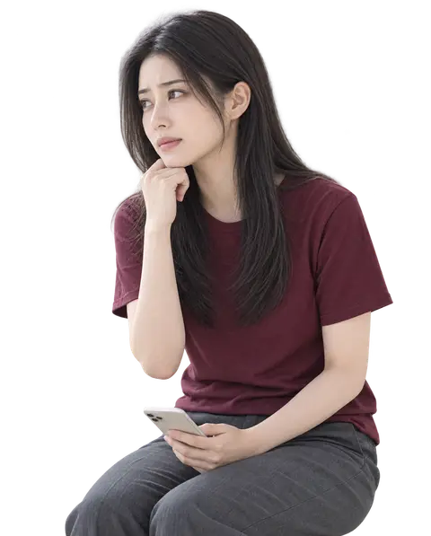 あごに手を当てて考え込む女性