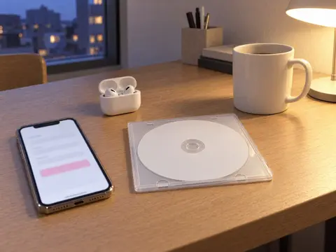 夕方の机のスマホと、ディスクの入ったケースとイヤホン