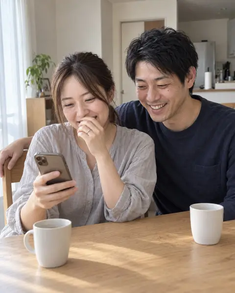 スマホで申請を済ませ、ほっとして笑い合う 2 人