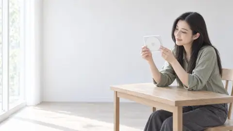 ディスクの入ったケースを手に取って見る女性