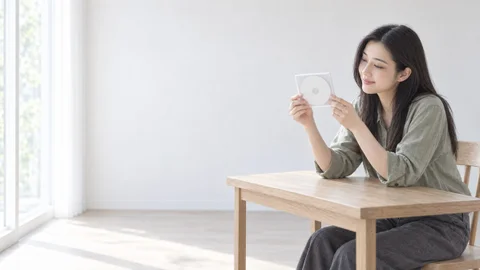 ディスクの入ったケースを手に取って見る女性