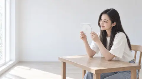 ディスクの入ったケースを手に取って見る女性