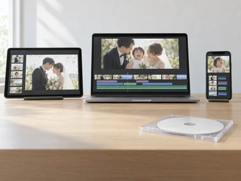 机に並べたスマホ・タブレット・ノート PC の編集の画面と、ディスクを入れたケース