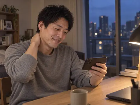 スマホで動画の映り方を確かめてほっとする男性
