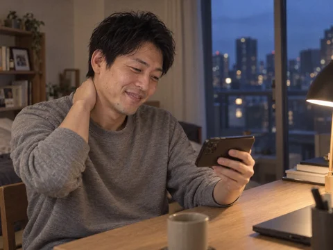 スマホで動画の映り方を確かめてほっとする男性