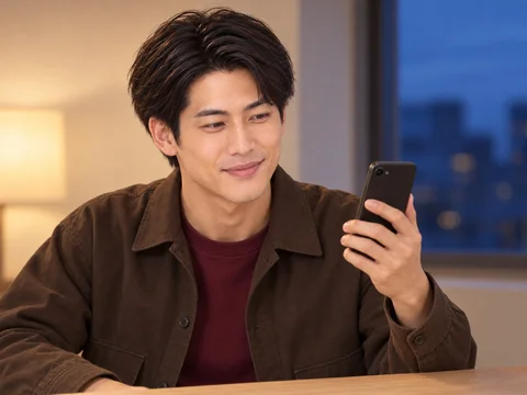 スマホで動画の映り方を確かめてほっとする男性