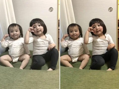 同じ子どもの写真 2 枚。左はそのままディスクにして白っぽくなった色、右は即焼きレスキューで収録した色
