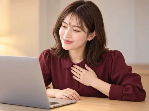 夜の机でノート PC の画面を読み、胸に手を当ててほっとする女性