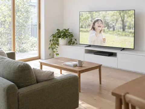 テレビにくっきり映る子どもの動画と、プレーヤーと印刷したケース