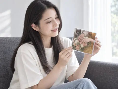 届いたケースを手に取って見る女性