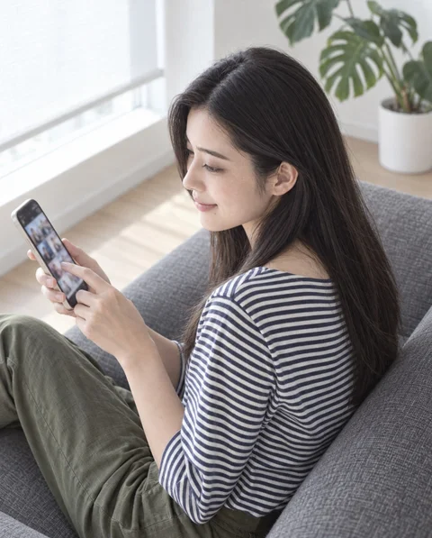 ソファでスマホから動画を選ぶ女性