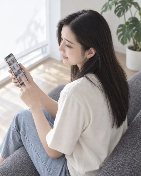 ソファでスマホから動画を選ぶ女性